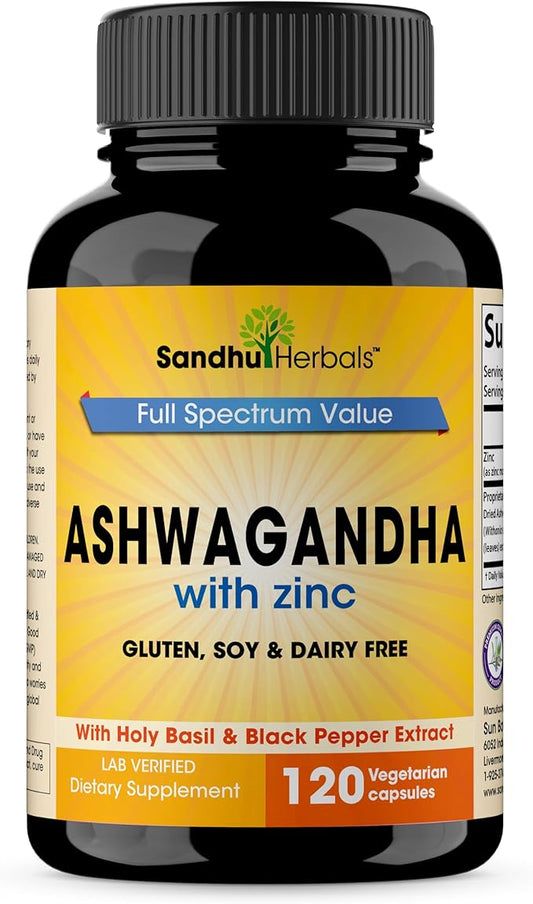 Sandhu Herbals Ashwagandha Supplement| 120 Organic 4 in 1 Capsules, 2 Months Supply| with Zinc, Black Pepper & Holy Basil Extract| Supports Immune Health| Non-GMO
