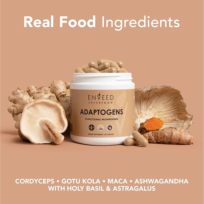 Enveed Superfoods ADAPTOGENS | Adaptogenic Support Supplement — Ashwagandha, Maca Root & Full Spectrum Mushrooms | Boost Your Immune Response & Energy Levels with 100% Natural Ingredients—30 Servings