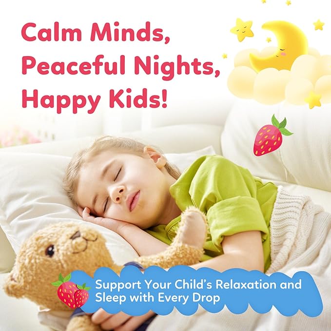 Kids Magnesium Liquid Drops - Liquid Magnesium Glycinate for Kids, Citrate Supplement with L-theanine, Omega-3, Vitamin B12, D3 for Sleep, Calm, Relaxation, Brain, Bones, Strawberry 2 Fl Oz