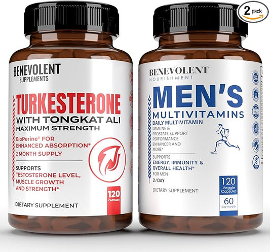 Turkesterone 8,000mg [Highest Purity] + Multivitamin for Men - High Absorption Supplement with Tongkat Ali - Increase Stamina, Lean Muscle Growth - Essential Daily Vitamins for Men, Biotin, Magnesium