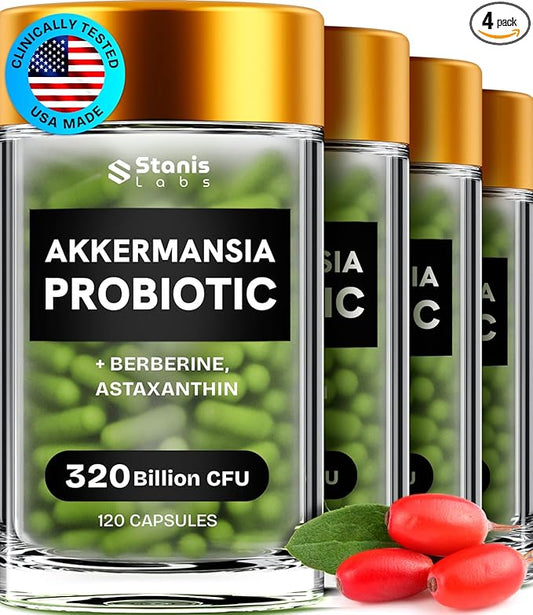 Akkermansia Muciniphila Probiotics 320 Billion CFU| GLP-1 Probiotic and Prebiotic | Akkermansia Probiotics for gut health | Inulin Prebiotic Fiber Capsules Astaxanthin & Berberine & Chromium 480 count