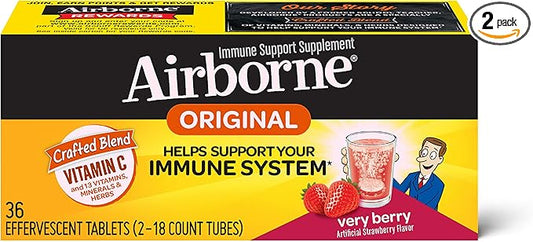 Vitamin C 1000mg (per serving) - Airborne Very Berry Effervescent Tablets (36 count in a box), Gluten-Free Immune Support Supplement, With Vitamins A C E, ZINC, Selenium, Echinacea & Ginger