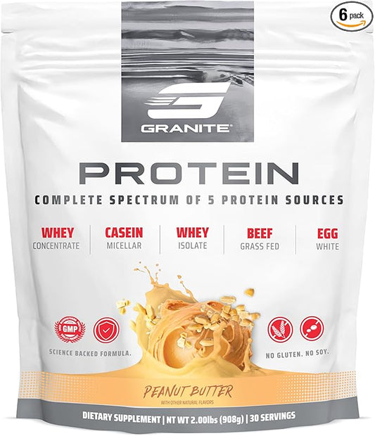 Granite Nutrition Protein Powder - Premium 5-Source Blend (Whey, Casein, Egg, Grass-Fed Beef) for Lean Muscle and Recovery - Peanut Butter Flavor, 30 Servings