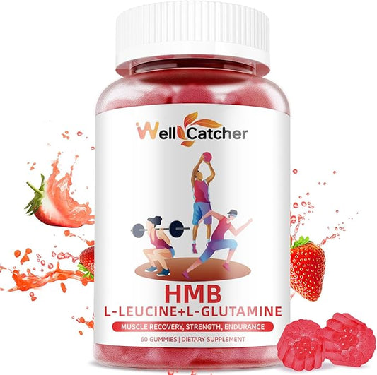 HMB and Leucine Gummies Supplements: HMB and Leucine Amino Acid for Men Women with L-Glutamine for Muscle Growth Fast Workout Recovery, Sugar Free Vegan Non-GMO Strawberry Flavored 30 Day Supply