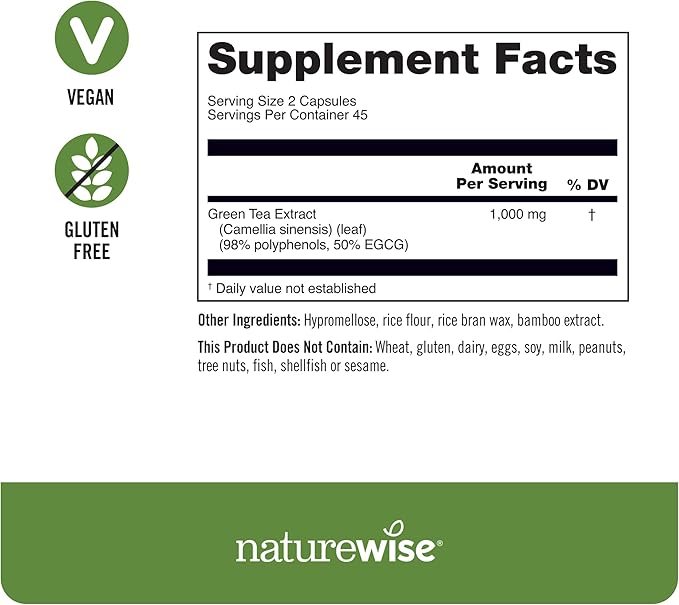 NatureWise Green Tea Extract Capsules 1000 mg - 50% EGCG & 98% Polyphenols - Extra Strength Antioxidants for Heart Health and Energy - Vegan, Gluten Free, Non-GMO - 90 Count[45-Day Supply]