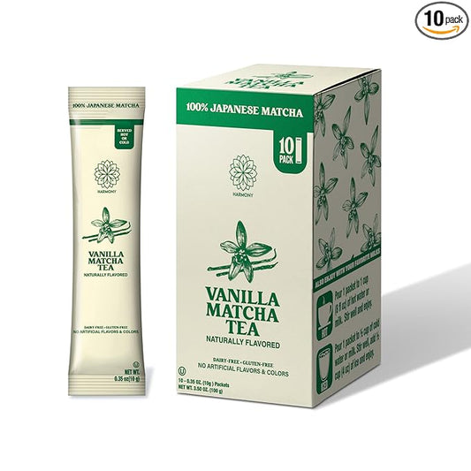 Harmony Matcha Vanilla – Premium Japanese Matcha Powder, Shade-Grown & Stone-Ground, Rich in Antioxidants & L-Theanine, Sweetened with Organic Sugar, No Preservatives, 10 Stick Packs