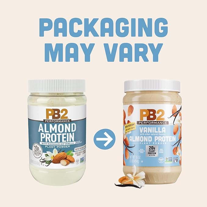 PB2 Performance Almond Plant Based Vegan Protein Powder | 20g Complete Protein, No Added Sugar, Prebiotic Fiber | Dairy Free, Certified Vegan, Non-GMO, Gluten Free [Almond w/Madagascar Vanilla, 1LB]