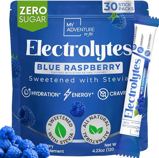 Zero Sugar Blue Raspberry Electrolytes Powder Packets (30 Pack) - All Natural Ingredients, Caffeine Free Energy for Refreshing Hydration - Vegan, Keto, Paleo - Sugar Free Electrolytes Powder No Sugar