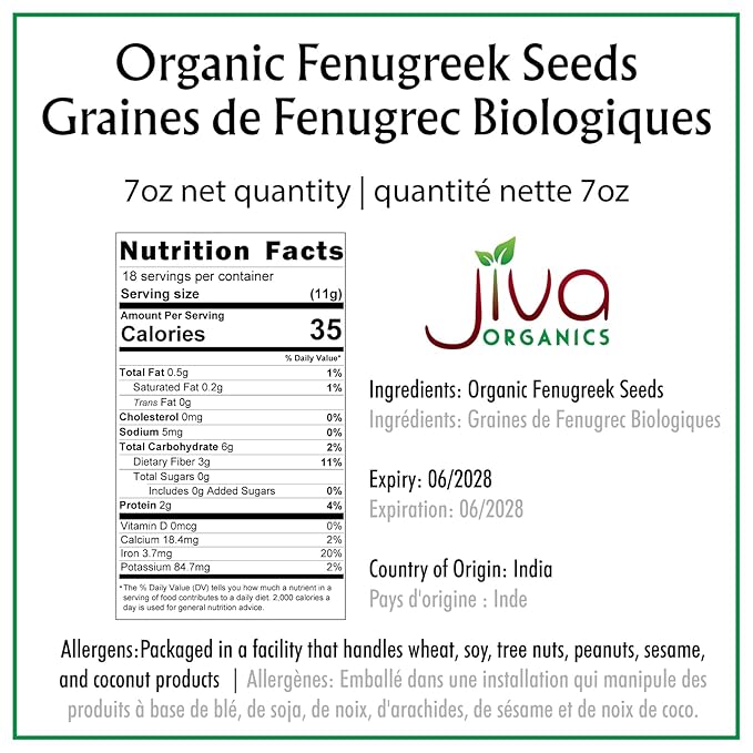 Jiva Organic Fenugreek Seeds 7 Ounce – Non-GMO, Gluten Free, All Natural Fenugreek Spice – Organic Fenugreek Seeds for Hair Growth, Cooking & Sprouting - Methi Seeds for Methi Dana Water - Raw & Natural, Product of India