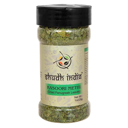 Shudh India 100% Pure Dried Fenugreek Leaves (Kasoori Methi), 1oz (28g), All Natural, Salt-Free, No Added Preservatives, Strong Aroma, Whole Leaves, Vegan, No Color, Gluten Friendly, NON-GMO, Indian Origin