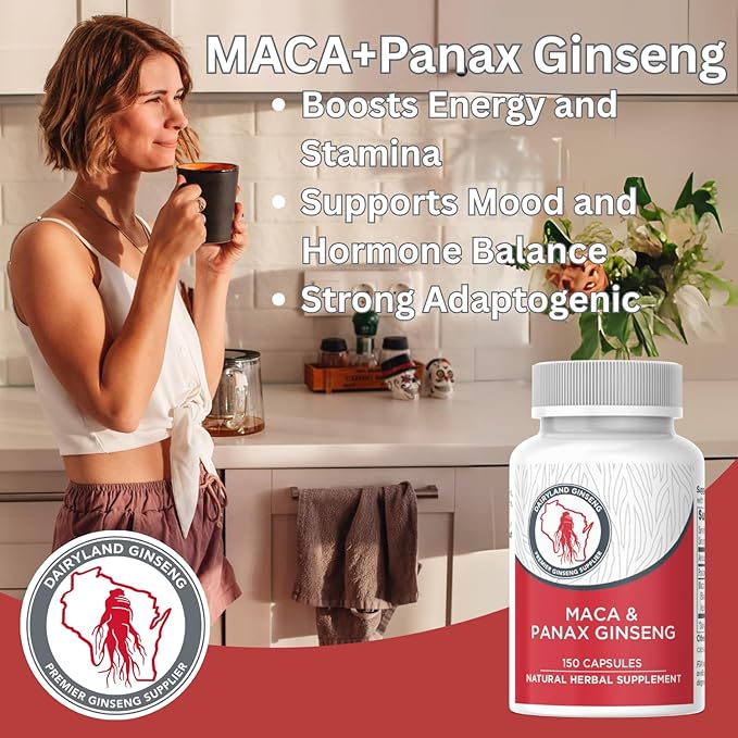 Maca Root Capsules + Korean Panax Ginseng - Concentrated Extract Black + Red + Yellow Maca Root, Panax Ginseng Capsules 150 ct