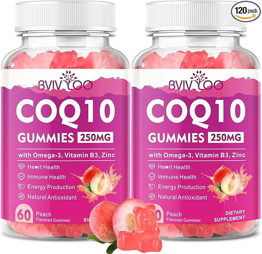 2 Pack CoQ10 Gummies 250mg, Plus Omega-3, Vitamin B3 & Zinc, Magnesium - High Absorption Coenzyme Q10 Supplements for Heart Health, Cellular Energy, & Antioxidant Support, 120 Count