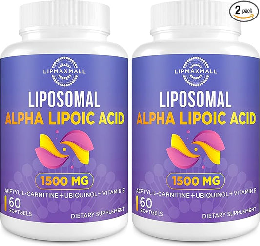 Liposomal Alpha Lipoic Acid 1500mg - with Acetyl-L-Carnitine 900mg & Ubiquinol 100mg & Vitamin E 15mg，ALA Supplement for Antioxidants Glucose Metabolism Nerve Energy,60 Softgels (2 Bottle)