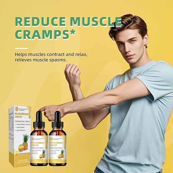 Magnesium Glycinate Liquid Drops, Magnesium Liquid Supplement with Cellulose Fiber, Bromelain, Vitamin B6, C, D, Zinc, Support Night, Muscle, Relax, Bone, Mood, Pineapple Flavor, 2 Pack