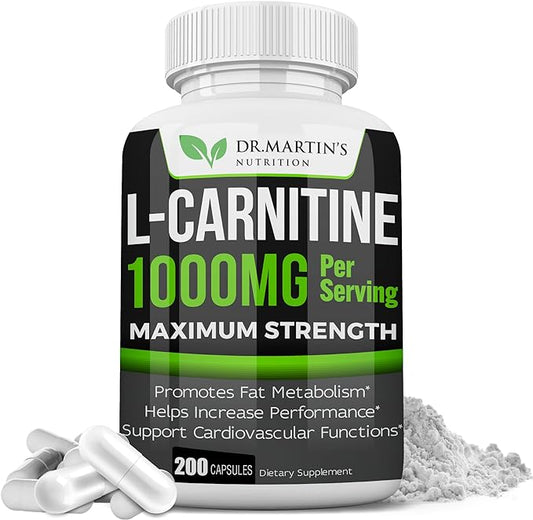 DR. MARTIN'S NUTRITION Extra Strength L-Carnitine - 200 Capsules - 1000mg Per Serving - Boost Your Metabolism and Increase Performance