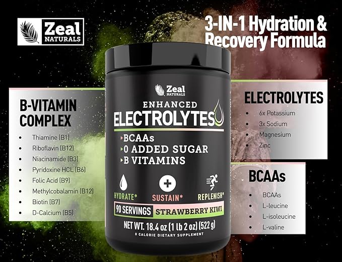 Enhanced Electrolyte Powder (Strawberry Kiwi | 90ct.) w/ 0 Sugar +BCAAs +B-Vitamins Electrolyte Supplement w Potassium Zinc & Magnesium for Hydration - Keto Electrolytes