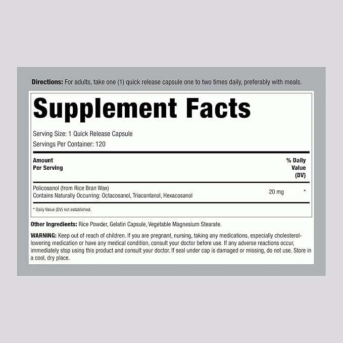 Lindberg Policosanol 20mg | 120 Capsules | Extra Strength Formula | Non GMO, Gluten Free Supplement