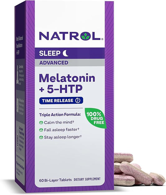 Natrol Melatonin + 5-HTP Advanced Time Release Sleep Aid, Triple Action Formula, Calm the Mind, Fall Asleep Faster and Stay Asleep Longer, 60 Bi-Layer Tablets, Up to a 60 Day Supply
