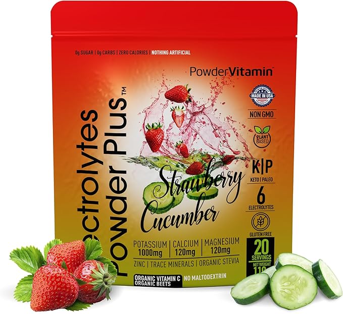 Electrolytes Powder Plus (20 Servings) Strawberry Cucumber Electrolyte Powder Zero Calorie Keto,0Sugar,No Maltodextrin,1000mg Potassium,120mg Calcium,120mg Magnesium, Pink Himalayan Salt
