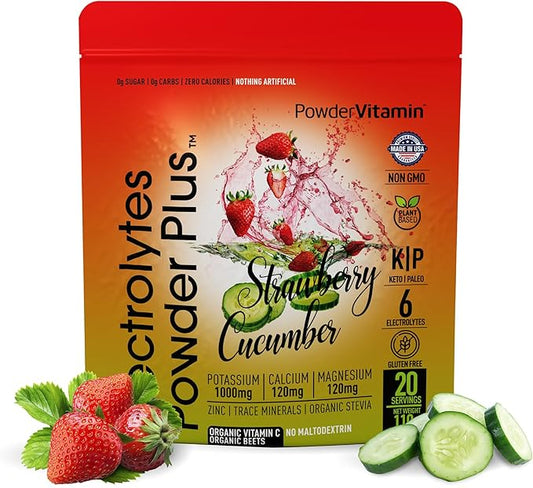 Electrolytes Powder Plus (20 Servings) Strawberry Cucumber Electrolyte Powder Zero Calorie Keto,0Sugar,No Maltodextrin,1000mg Potassium,120mg Calcium,120mg Magnesium, Pink Himalayan Salt
