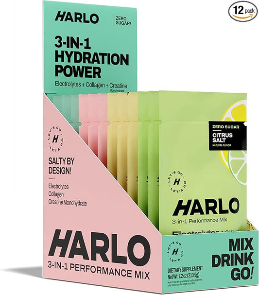 Harlo - Variety 12-Pack Electrolyte Mix with Added Bovine Collagen & Creatine - Creatine Monohydrate Powder, Energy Drink Powder, Sugar Free Energy Drinks - Citrus, Pineapple, Raspberry, Watermelon