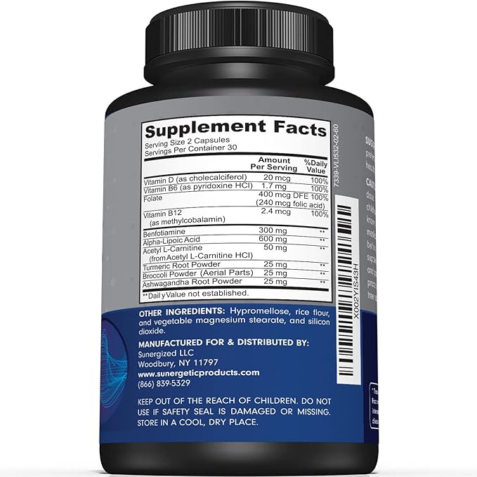 Premium Nerve Support Supplement – with Alpha Lipoic Acid (ALA) 600 mg, Acetyl-L-Carnitine (ALC) & Benfotiamine - Nerve Support Formula for Healthy Circulation, Feet, Hands & Toes - 60 Capsules