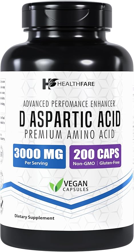 D-Aspartic Acid 3000mg | 200 Veg Capsules | Premium Amino Acid Supplement | Non-GMO | Gluten-Free