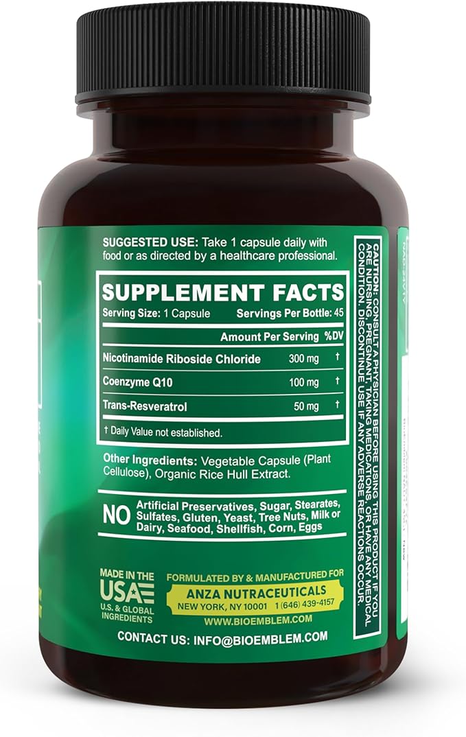 BioEmblem NAD+ Supplement | 300 mg Nicotinamide Riboside with CoQ10 & Resveratrol | Supports Healthy Aging, Cellular Energy and Cognitive Function | Non-GMO, Gluten Free - 45 Capsules