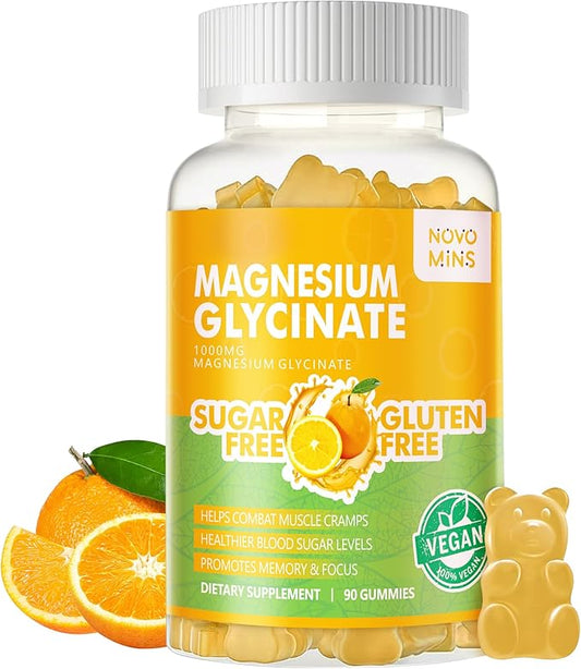 90 CT Magnesium Glycinate Gummies 1000mg - Sugar Free Magnesium Potassium Supplement with Vitamin D, B6, CoQ10 for Calm Mood & Sleep Support - 90 Orange Gummies.