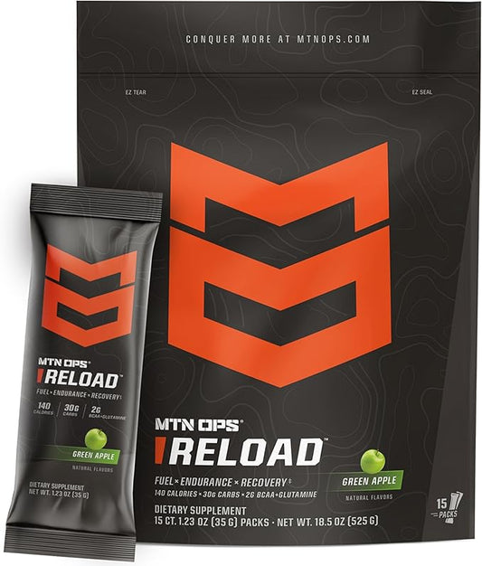 MTN OPS Reload Ready-to-Mix Carb Mix, 30g Fast-Digesting Carbohydrates, MCT Oil Powder & BCAAs, Energy & Endurance, Single-Serve Stick Packs, 15 Servings, Green Apple