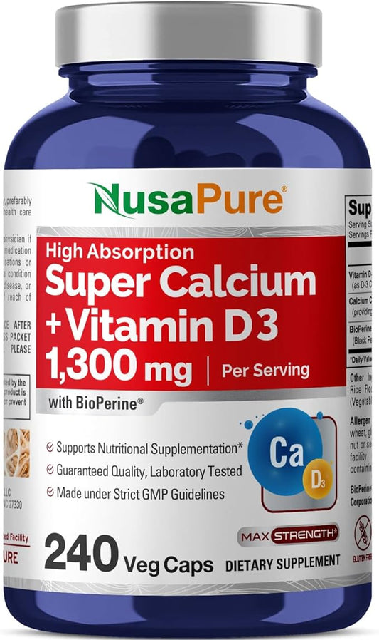 NusaPure Super Calcium 1300mg, Vitamin D3-240 Veggie Caps (Non-GMO, Gluten-Free, Bioperine)