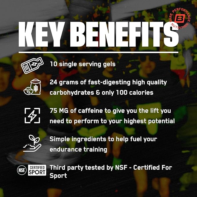 BARE PERFORMANCE NUTRITION, BPN Go Gel Endurance, 24g of Carbohydrates & 100 Calories per Pack, Vegan + Gluten Free Running Gel, 10 Single-Serving Packs, Caffeinated Mixed Berry
