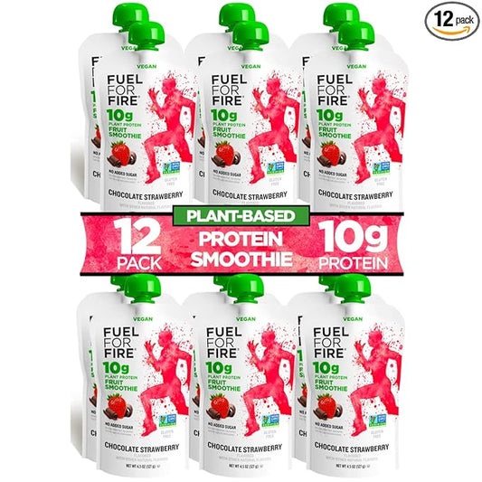 Fuel for Fire VEGAN Protein Smoothie Pouch - Chocolate Strawberry (12-Pk) | Healthy Snack & Recovery | No Sugar Added, Dietitian Approved | Plant Based Functional Fruit Smoothies (4.5oz pouches)