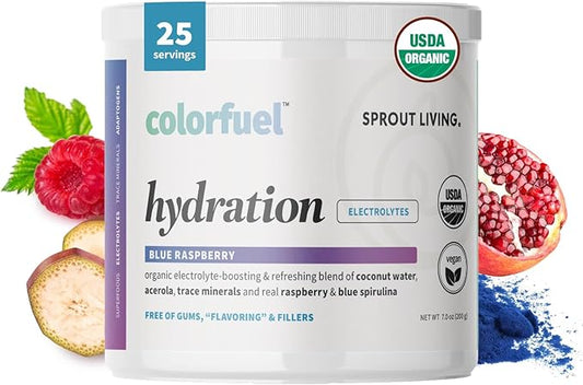 Sprout Living, Colorfuel Hydration Powder Drink Mix, Organic Superfoods + Adaptogens | Hydration & Recovery, Electrolytes, Himalayan Pink Salt, Blue Spirulina, Blue Raspberry Flavor (25 Servings)
