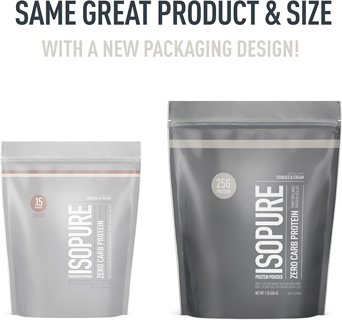 Isopure Zero Carb 100% Pure Whey Isolate Protein Powder, Lactose Free, Gluten Free, With Vitamins, Cookies & Cream, 25g Protein Per Serving, 1 Lb, 15 Servings