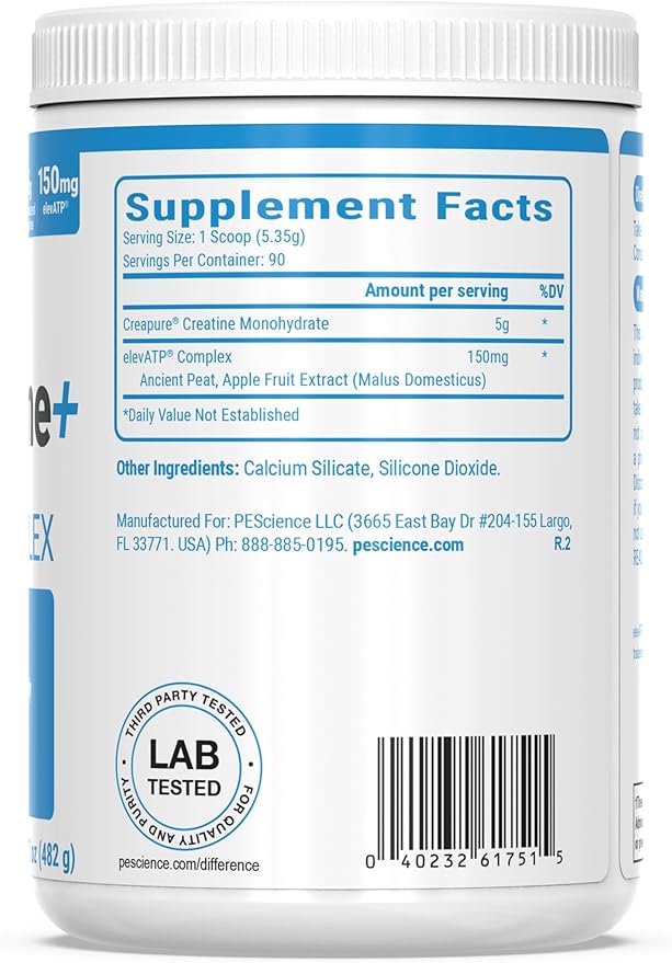 PEScience TruCreatine+ Creapure Creatine Monohydrate Powder, Micronized Creatine with ElevATP, 5g Per Serving, for Men & Women, Supports Muscle Growth, Strength & Recovery, 90 Servings
