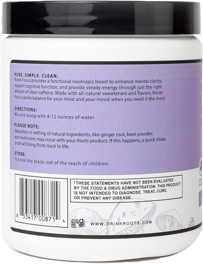 Roots Focus Nootropic Brain Supplement - BlackBerry Lavender Lemonade, Blend of Lion's Mane, Cordyceps, & Reishi Functional Mushrooms + Extended-Release Caffeine, 50 Servings