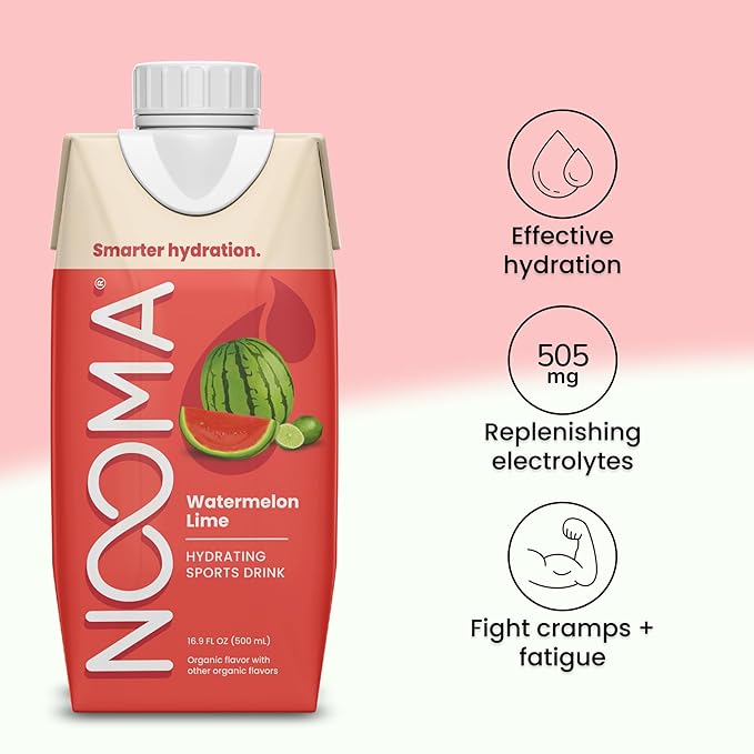 NOOMA - Hydrating Sports Drink - Electrolyte Drink with Organic Coconut Water - Organic & No Added Sugars - Rapid Hydration - 30 Calories & 505mg Electrolytes - Watermelon Lime - 12 Pack (16.9oz each)