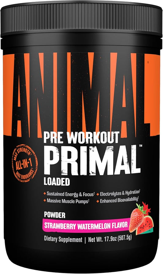 Animal Primal Muscle Hydration + Preworkout Powder – Contains Beta Alanine, 3DPump, Caffeine & Electrolytes – Improves Energy, Focus, Endurance & Absorption – Strawberry Watermelon Flavor, 17.9 oz