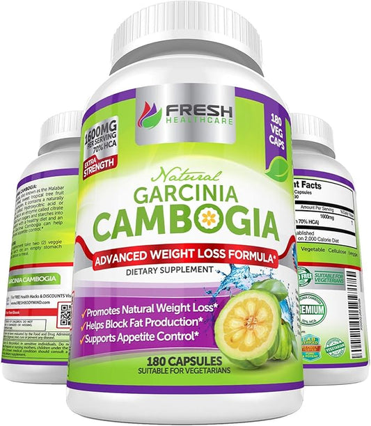 FRESH HEALTHCARE 100% Pure Garcinia Cambogia Extract - All Natural Appetite Suppressant & Weight Management Support - 180 Capsules