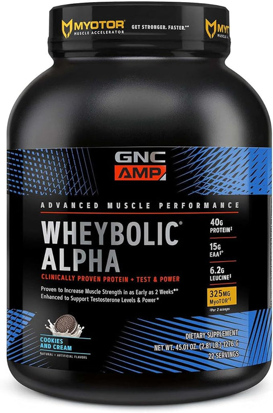 GNC AMP Wheybolic Alpha Clinically Proven Protein Powder, Muscle Strength, Size & Power, Boost Testosterone, 40g Protein, 6.2g Leucine, 15g EAAs, Creatine, 3rd Party Tested, Cookies and Cream, 22 SVG