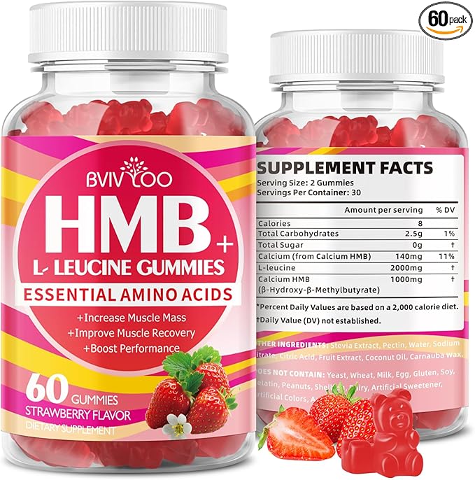 HMB and L-Leucine Gummies - 3000mg Combined HMB & L-Leucine per Serving. for Muscle Growth, Muscle Relief & Fast Recovery. Sugar-Free, Strawberry, 60 Gummies