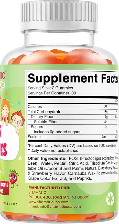 Vitamatic Kids Prebiotic Fiber Gummies – Extra Strength 4g Fiber – Zero Sugar Added – 60 Pectin-Based Gummies – Digestive Health & Regularity Support