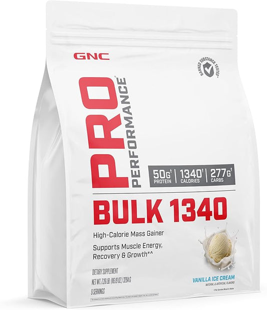GNC Pro Performance Bulk 1340 Mass Gainer Protein Powder, 50g, Gluten Free, Whey, Creatine, BCAA, 3rd Party Tested, Muscle Recovery & Growth, Micronutrients, Vanilla Ice Cream, 9 Servings