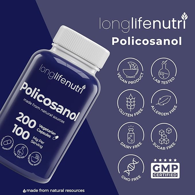 Policosanol 100mg - 200 Vegetarian Capsules, Natural Sugar Cane Supplement for Balanced Cholesterol, 3-Month Supply, Non-GMO, Lab Tested, Made in USA