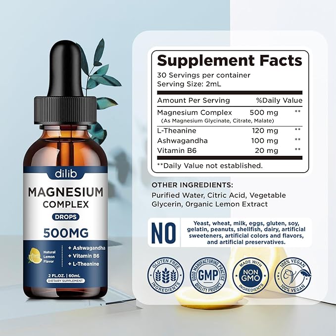 Magnesium Glycinate Liquid Drops, Triple Magnesium Complex Supplement with Citrate, Malate 500mg Ashwagandha, L-Theanine, Vitamin B6 for Sleep, Calm, Stress Relief, Bone, Muscle, Mood - Lemon Flavor