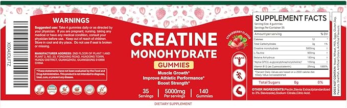 Creatine Monohydrate Gummies for Men & Women, 140 Gummies, Strength and Endurance Enhancing Creatine Gummies, Gluten Free, Sugar Free, Strawberry Flavor