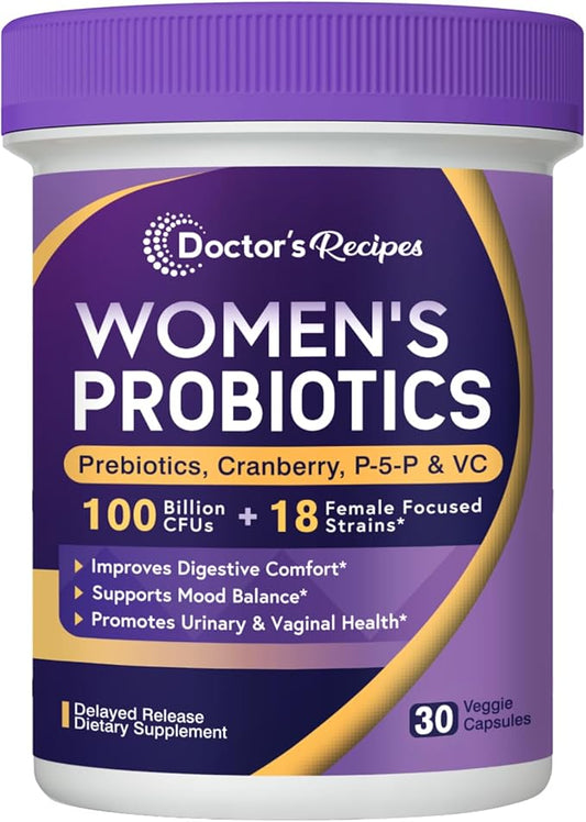 Doctor's Recipes Probiotics for Women, 100 Billion CFU, 18 Probiotic Strains, Prebiotics, Cranberry, P-5-P & VC, Vaginal, Digestive, Mood, Urinary Tract Health, Shelf-Stable, 30 Vegan Caps