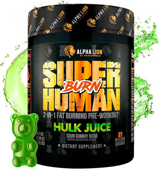 ALPHA LION Superhuman Burn – 2 in 1 Metabolism Booster Pre Workout and Thermogenic Fat Burner for Men – Appetite Suppressant and Weight Loss Supplement (21 Servings, Hulk Juice)