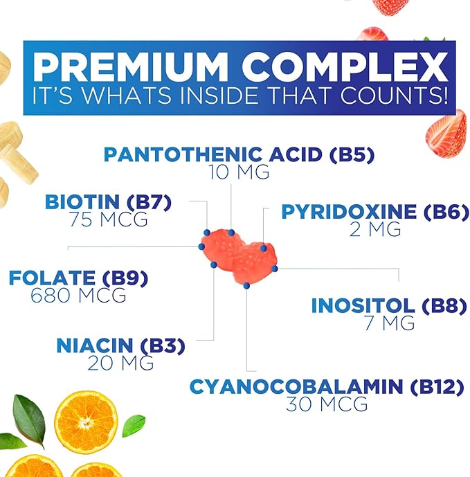 B Complex Gummy with Vitamin C & Folic Acid, Extra Strength Vitamin B Gummies Supplement with Niacin, B6, Folic Acid, Super B12, Biotin, Nature's Energy Immune Support Supplements - 60 Gummies
